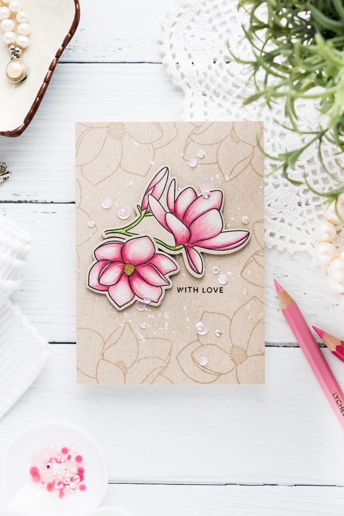 How to Color with Chameleon Dual Ended Color Pencils - 4Bar Magnolia Bloom Greeting Card with Pretty Pink Posh stamps. Video tutorial by Yana Smakula