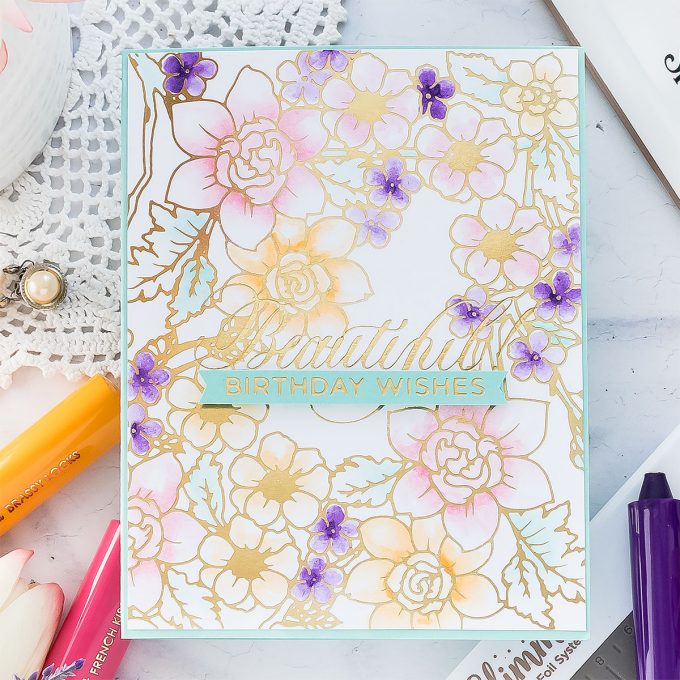 How to: Watercolor & Hot Foil Resist with Glimmer Hot Foil by Spellbinders | Video tutorial by Yana Smakula. Beautiful Birthday Wishes Card