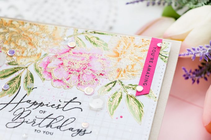 Create a gorgeous watercolor floral Birthday card using stamps from Simon Says Stamp and watercolors from Daniel Smith. No specialty watercolor paper needed! Visit the blog for how-to. #simonsaysstamp #birthdaycard #greetingcard