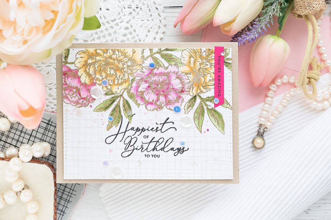 Create a gorgeous watercolor floral Birthday card using stamps from Simon Says Stamp and watercolors from Daniel Smith. No specialty watercolor paper needed! Visit the blog for how-to. #simonsaysstamp #birthdaycard #greetingcard