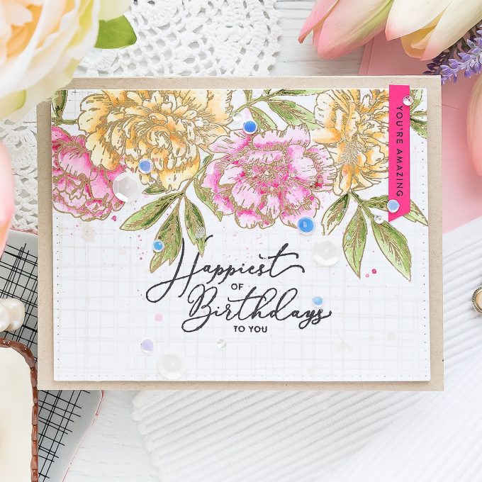 Create a gorgeous watercolor floral Birthday card using stamps from Simon Says Stamp and watercolors from Daniel Smith. No specialty watercolor paper needed! Visit the blog for how-to. #simonsaysstamp #birthdaycard #greetingcard