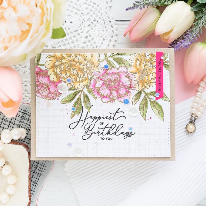 Create a gorgeous watercolor floral Birthday card using stamps from Simon Says Stamp and watercolors from Daniel Smith. No specialty watercolor paper needed! Visit the blog for how-to. #simonsaysstamp #birthdaycard #greetingcard