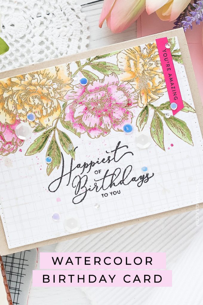 Create a gorgeous watercolor floral Birthday card using stamps from Simon Says Stamp and watercolors from Daniel Smith. No specialty watercolor paper needed! Visit the blog for how-to. #simonsaysstamp #birthdaycard #greetingcard
