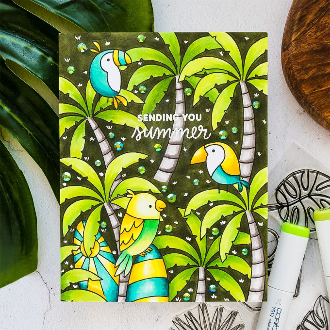 How to Stamp Tropical Patterns for Handmade Cards with Pretty Pink Posh & Copic Markers. Video tutorial by Yana Smakula. Pattern stamping tips & tricks. 