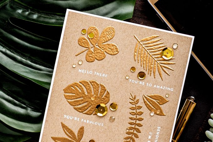 Simon Says Stamp | Gold Embossed Tropics Card. Video tutorial by Yana Smakula featuring Tropical Leaves and Tiny Sentiments #cardmaking #stamping #simonsaysstamp