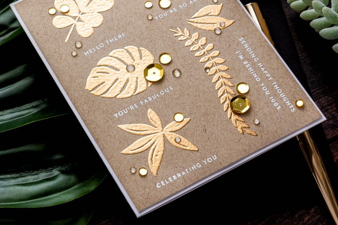 Simon Says Stamp | Gold Embossed Tropics Card. Video tutorial by Yana Smakula featuring Tropical Leaves and Tiny Sentiments #cardmaking #stamping #simonsaysstamp