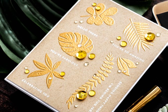 Simon Says Stamp | Gold Embossed Tropics Card. Video tutorial by Yana Smakula featuring Tropical Leaves and Tiny Sentiments #cardmaking #stamping #simonsaysstamp