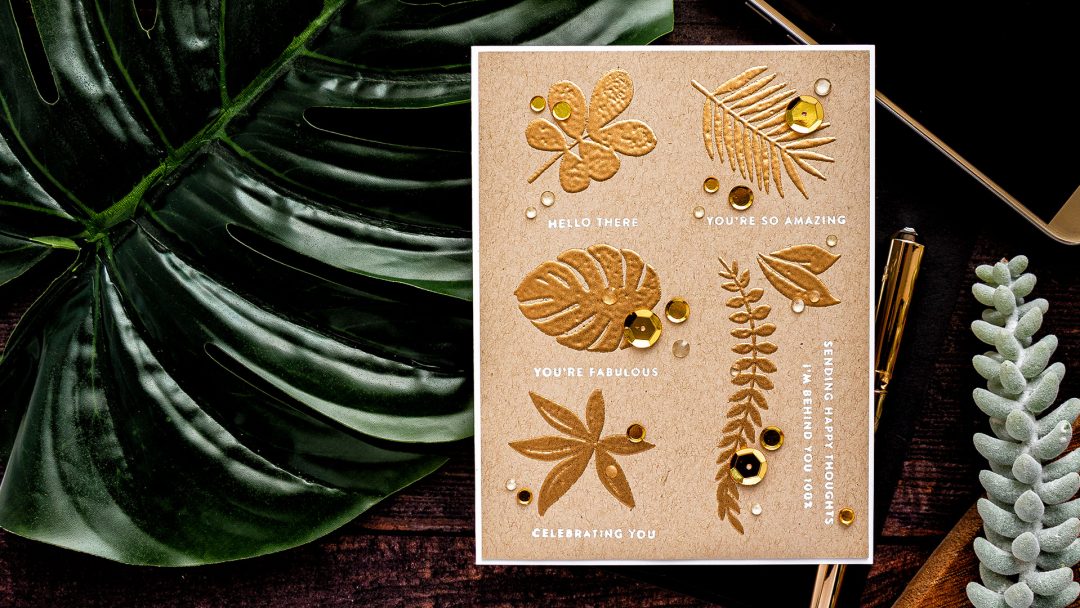 Simon Says Stamp | Gold Embossed Tropics Card. Video tutorial by Yana Smakula featuring Tropical Leaves and Tiny Sentiments #cardmaking #stamping #simonsaysstamp