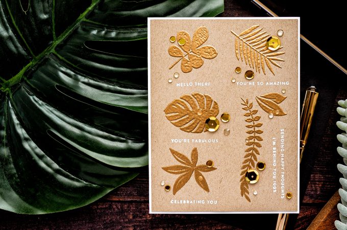 Simon Says Stamp | Gold Embossed Tropics Card. Video tutorial by Yana Smakula featuring Tropical Leaves and Tiny Sentiments #cardmaking #stamping #simonsaysstamp