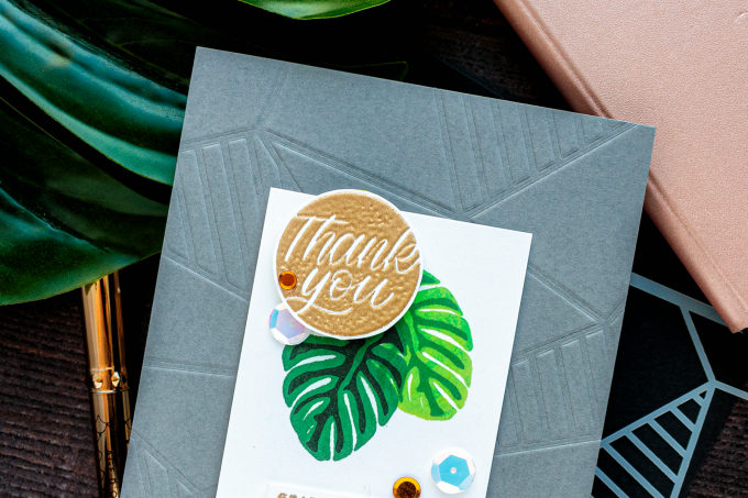 Simon Says Stamp | Modern Tropical Thank You Card by Yana Smakula featuring Simon Says Stamp Stencil FACETED STRIPES ssst121445 and Simon Says Clear Stamps GREETINGS MIX 1 sss201997