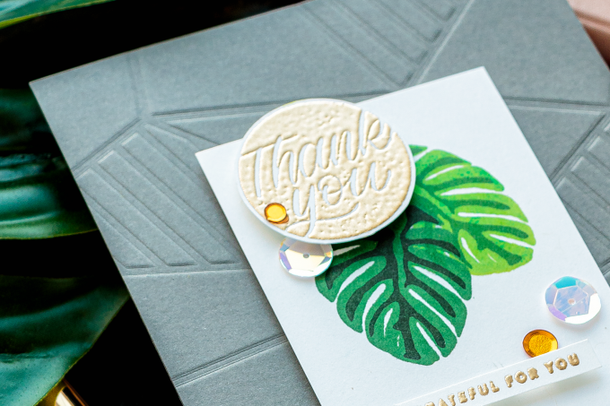 Simon Says Stamp | Modern Tropical Thank You Card by Yana Smakula featuring Simon Says Stamp Stencil FACETED STRIPES ssst121445 and Simon Says Clear Stamps GREETINGS MIX 1 sss201997