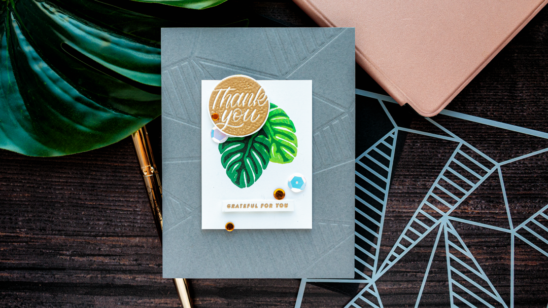 Simon Says Stamp | Modern Tropical Thank You Card by Yana Smakula featuring Simon Says Stamp Stencil FACETED STRIPES ssst121445 and Simon Says Clear Stamps GREETINGS MIX 1 sss201997