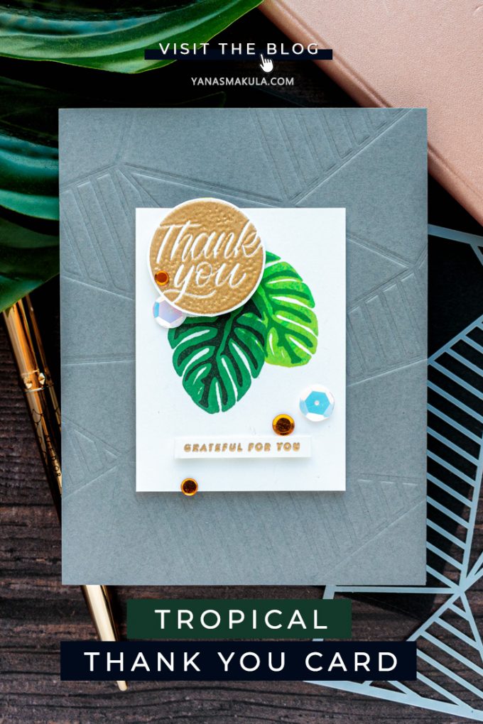 Simon Says Stamp | Modern Tropical Thank You Card by Yana Smakula featuring Simon Says Stamp Stencil FACETED STRIPES ssst121445 and Simon Says Clear Stamps GREETINGS MIX 1 sss201997