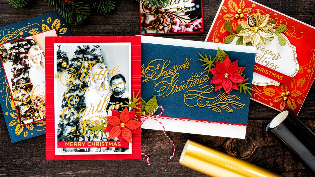 Spellbinders | Glimmer Hot Foil Holiday Cards How To. Video tutorial by Yana Smakula #hotfoilstamping #christmascard #photocards