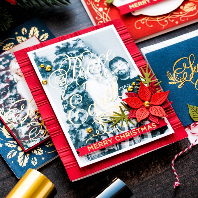 Spellbinders | Glimmer Hot Foil Holiday Cards How To. Video tutorial by Yana Smakula #hotfoilstamping #christmascard #photocards
