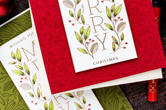 Simon Says Stamp | Cheer & Joy Release. Modern Christmas Cards. Video tutorial by Yana Smakula featuring SSS202037 Holiday Greetings Mix 1 and SSS102039 Leaves and Berries stamps #simonsaysstamp #cardmaking #christmascard
