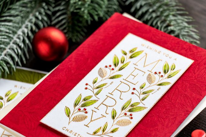 Simon Says Stamp | Cheer & Joy Release. Modern Christmas Cards. Video tutorial by Yana Smakula featuring SSS202037 Holiday Greetings Mix 1 and SSS102039 Leaves and Berries stamps #simonsaysstamp #cardmaking #christmascard