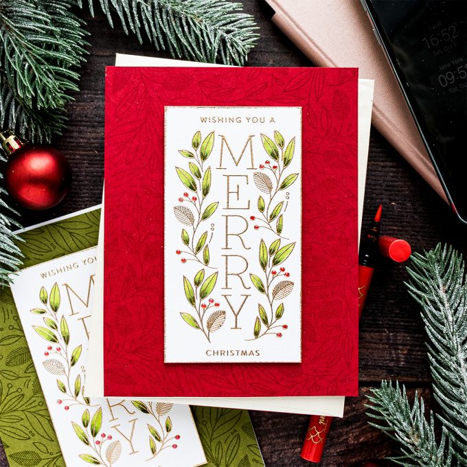 Simon Says Stamp | Cheer & Joy Release. Modern Christmas Cards. Video tutorial by Yana Smakula featuring SSS202037 Holiday Greetings Mix 1 and SSS102039 Leaves and Berries stamps #simonsaysstamp #cardmaking #christmascard