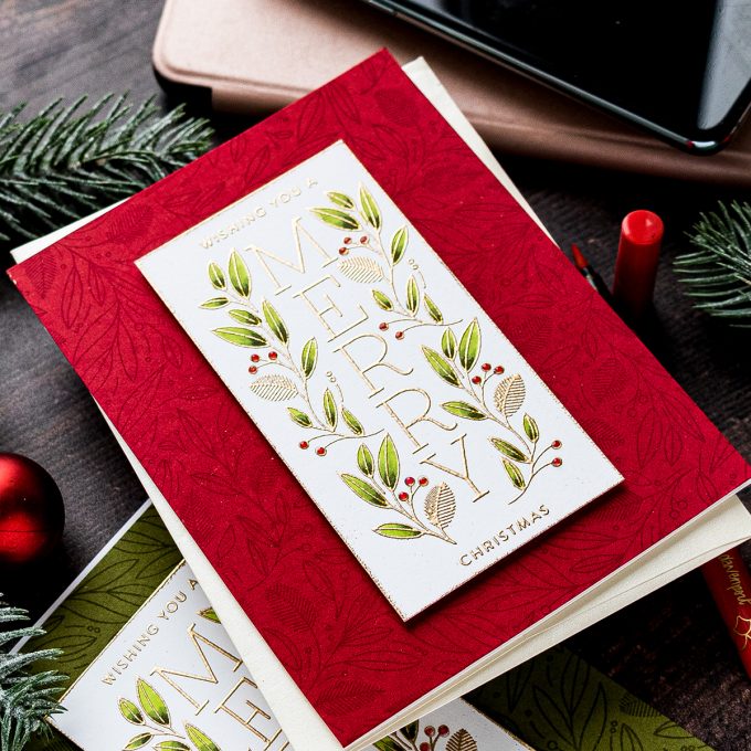 Simon Says Stamp | Cheer & Joy Release. Modern Christmas Cards. Video tutorial by Yana Smakula featuring SSS202037 Holiday Greetings Mix 1 and SSS102039 Leaves and Berries stamps #simonsaysstamp #cardmaking #christmascard