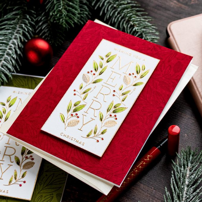 Simon Says Stamp | Cheer & Joy Release. Modern Christmas Cards. Video tutorial by Yana Smakula featuring SSS202037 Holiday Greetings Mix 1 and SSS102039 Leaves and Berries stamps #simonsaysstamp #cardmaking #christmascard