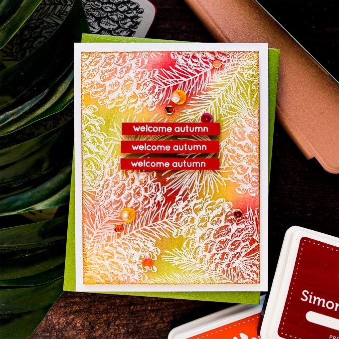 Simon Says Stamp | Autumn Card with Ink Blending & Emboss Resist. Video tutorial by Yana Smakula featuring PINECONE BACKGROUND sss102094 #simonsaysstamp #cardmaking