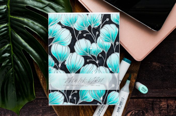 Simon Says Stamp | Using Colored Cardstock for Coloring - Floral Thank You card featuring Simon Says Cling Stamp Flora Background. Video Tutorial by Yana Smakula #simonsaysstamp #cardmaking #stamping #copiccoloring