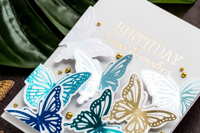 Everyday Foiled Glimmer Cards - More Tips, Tricks & Ideas. Video tutorial by Yana Smakula featuring Spellbinders GLP-141 Glimmering Butterflies Glimmer Hot Foil Plate & Die Set and GLP-144 Birthday Hugs & Wishes Glimmer Hot Foil Plate