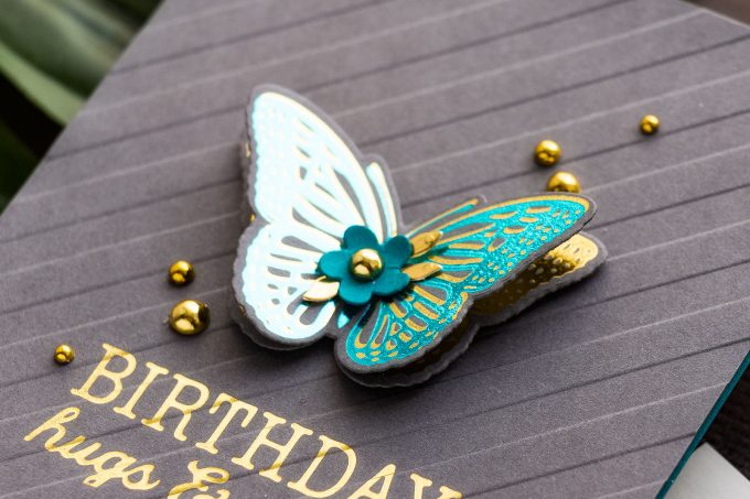 Everyday Foiled Glimmer Cards - More Tips, Tricks & Ideas. Video tutorial by Yana Smakula featuring Spellbinders GLP-141 Glimmering Butterflies Glimmer Hot Foil Plate & Die Set and GLP-144 Birthday Hugs & Wishes Glimmer Hot Foil Plate