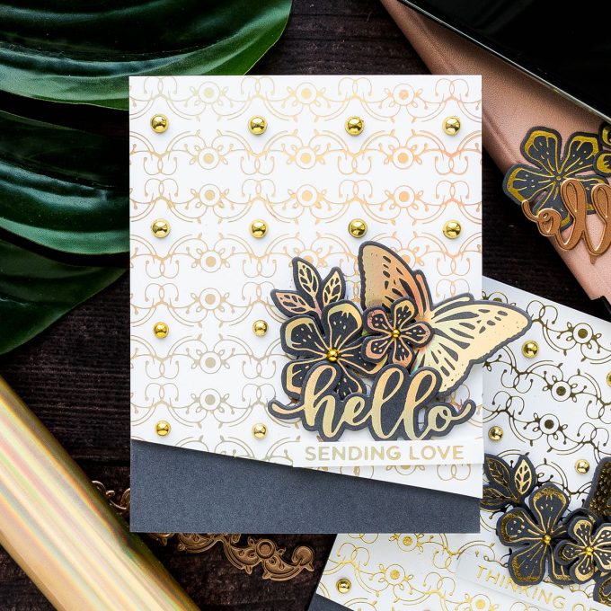 Everyday Foiled Glimmer Cards - More Tips, Tricks & Ideas. Video tutorial by Yana Smakula featuring Spellbinders GLP-141 Glimmering Butterflies Glimmer Hot Foil Plate, GLP-142 Glimmering Layered Flowers Glimmer Hot Foil Plate & Die Set, GLP-143 Hello Dear Friend Glimmer Hot Foil Plate & Die Set