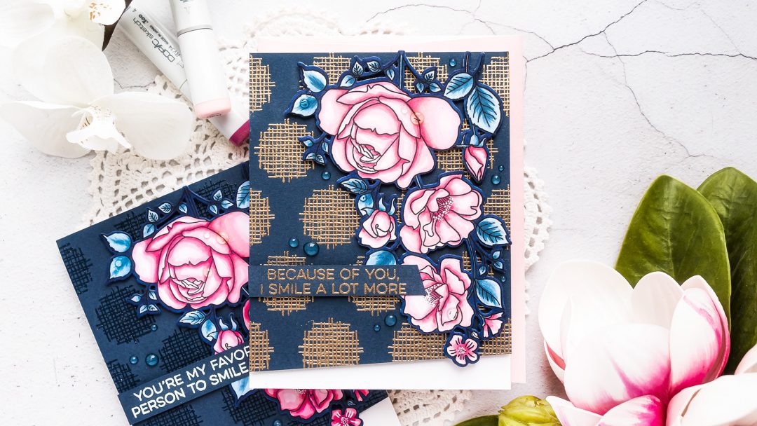 My Favorite Things | Dramatic Background for a Floral Card featuring MFT Rose Garden stamp set and Crosshatch Polka Dot Background stamp #cardmaking #stamping #mftstamps