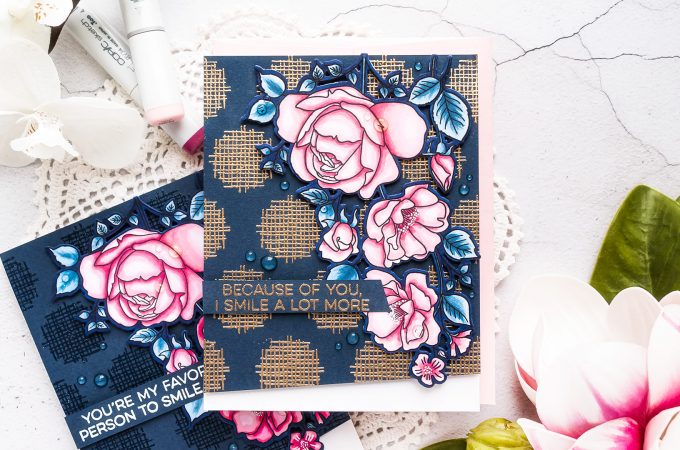 My Favorite Things | Dramatic Background for a Floral Card featuring MFT Rose Garden stamp set and Crosshatch Polka Dot Background stamp #cardmaking #stamping #mftstamps