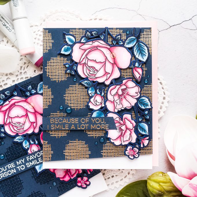 My Favorite Things | Dramatic Background for a Floral Card featuring MFT Rose Garden stamp set and Crosshatch Polka Dot Background stamp #cardmaking #stamping #mftstamps