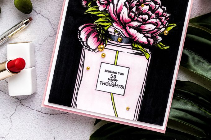 Colorado Craft Company | Cardmaking with Big & Bold Stamps - Perfume Bottle Card featuring Colorado Craft Company Big and Bold Perfume Bouquet Clear Stamps. Greeting card by Yana Smakula #stamping #cardmaking #copiccoloring