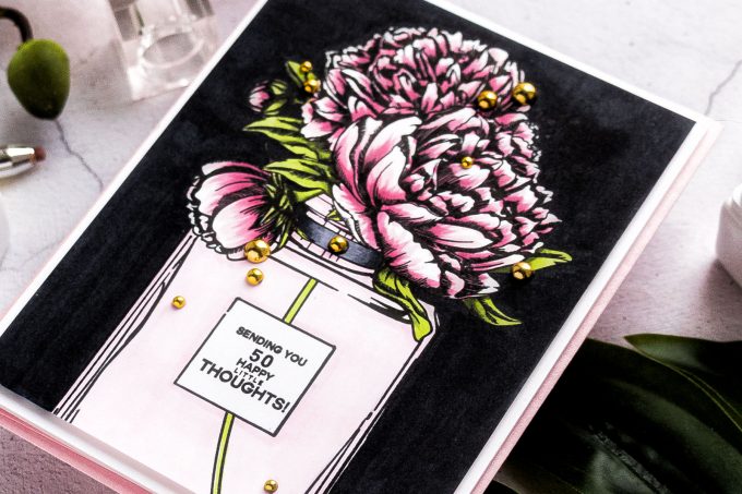 Colorado Craft Company | Cardmaking with Big & Bold Stamps - Perfume Bottle Card featuring Colorado Craft Company Big and Bold Perfume Bouquet Clear Stamps. Greeting card by Yana Smakula #stamping #cardmaking #copiccoloring