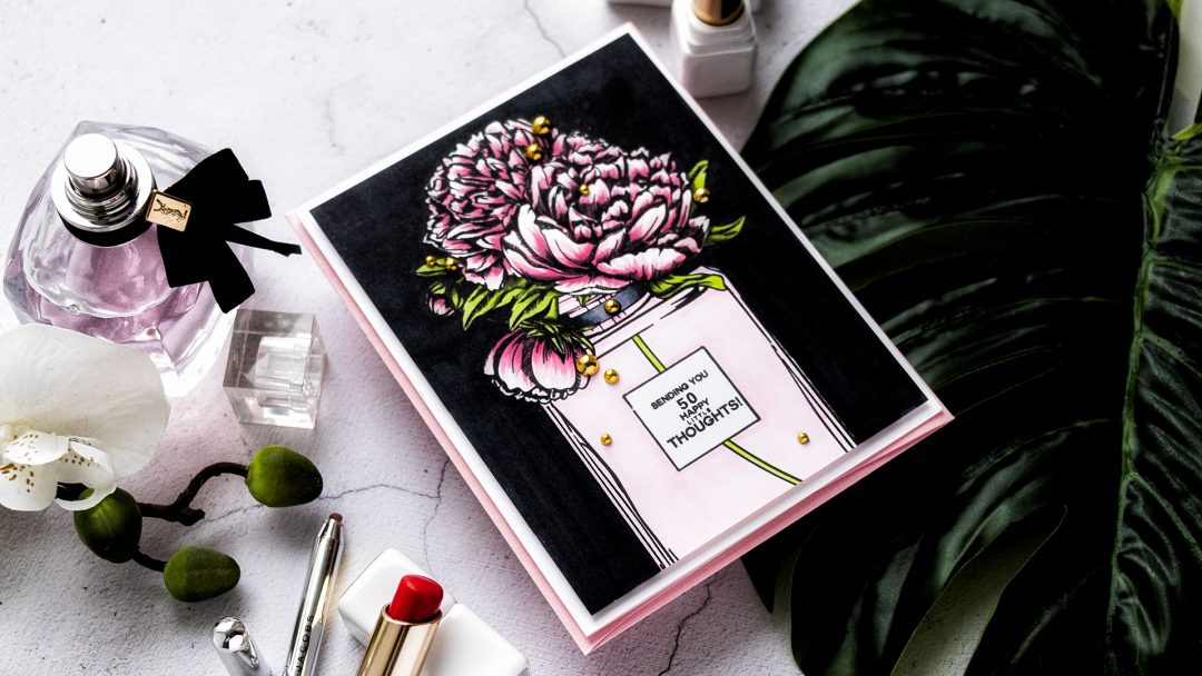 Colorado Craft Company | Cardmaking with Big & Bold Stamps - Perfume Bottle Card featuring Colorado Craft Company Big and Bold Perfume Bouquet Clear Stamps. Greeting card by Yana Smakula #stamping #cardmaking #copiccoloring