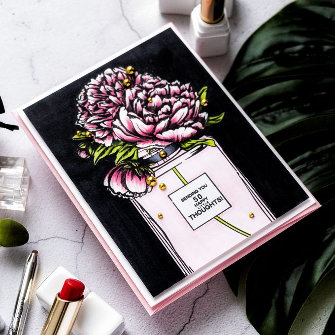 Colorado Craft Company | Cardmaking with Big & Bold Stamps - Perfume Bottle Card featuring Colorado Craft Company Big and Bold Perfume Bouquet Clear Stamps. Greeting card by Yana Smakula #stamping #cardmaking #copiccoloring