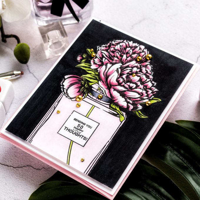 Colorado Craft Company | Cardmaking with Big & Bold Stamps - Perfume Bottle Card featuring Colorado Craft Company Big and Bold Perfume Bouquet Clear Stamps. Greeting card by Yana Smakula #stamping #cardmaking #copiccoloring