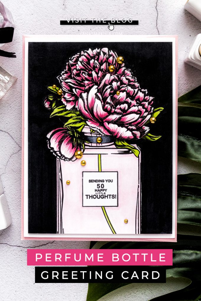 Colorado Craft Company | Cardmaking with Big & Bold Stamps - Perfume Bottle Card featuring Colorado Craft Company Big and Bold Perfume Bouquet Clear Stamps. Greeting card by Yana Smakula #stamping #cardmaking #copiccoloring