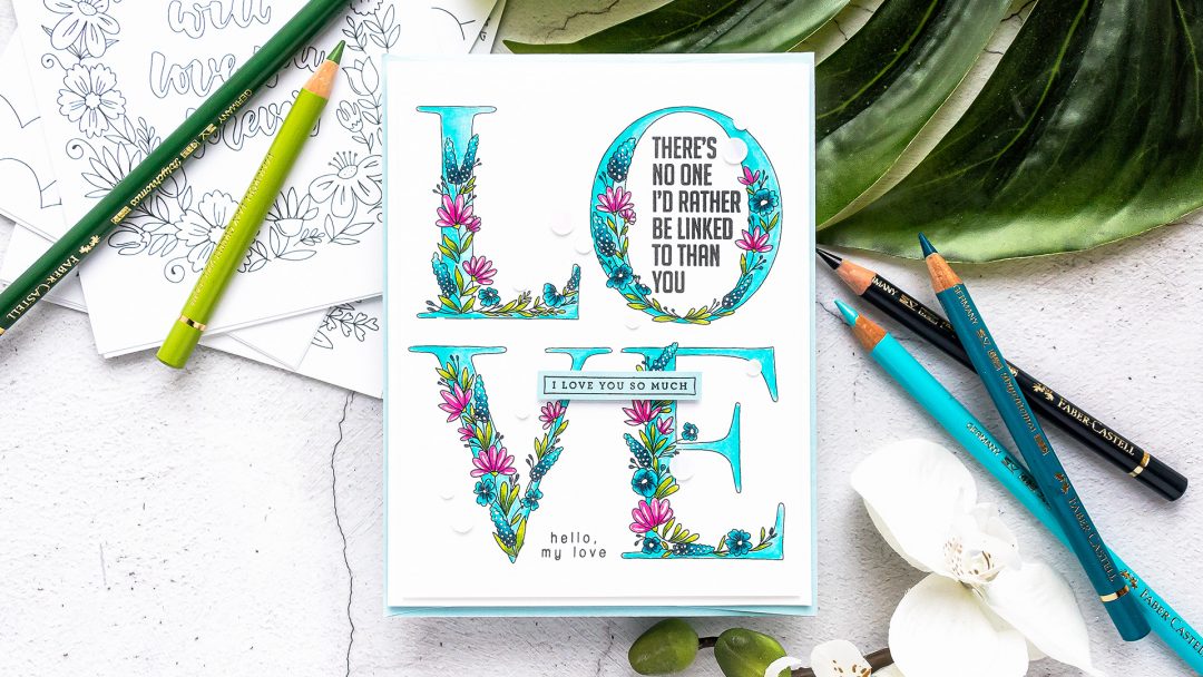 Simon Says Stamp | Love You More Valentine's Day Greeting Card featuring Polychromos colored pencil coloring and Suzy's Lots of Love Watercolor Prints SZWC19LV #simonsaysstamp #cardmaking #valentinesdaycard