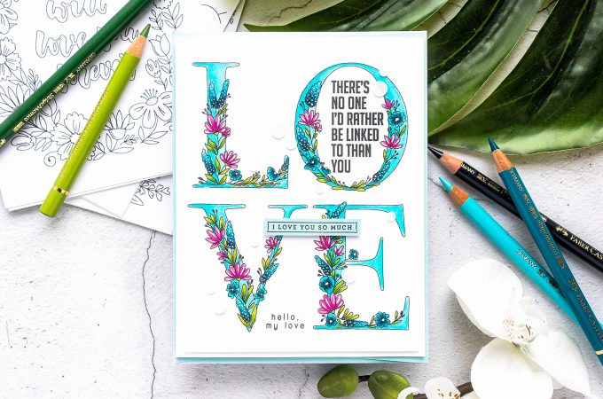 Simon Says Stamp | Love You More Valentine's Day Greeting Card featuring Polychromos colored pencil coloring and Suzy's Lots of Love Watercolor Prints SZWC19LV #simonsaysstamp #cardmaking #valentinesdaycard