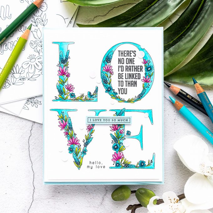 Simon Says Stamp | Love You More Valentine's Day Greeting Card featuring Polychromos colored pencil coloring and Suzy's Lots of Love Watercolor Prints SZWC19LV #simonsaysstamp #cardmaking #valentinesdaycard 