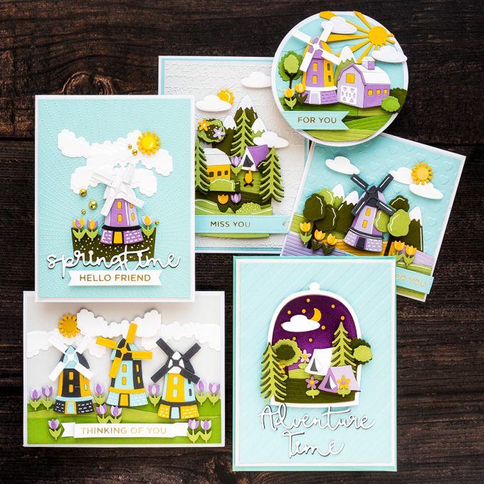 Spellbinders | Scenic Snapshot Cards by Yana Smakula featuring S4-1014 Santas Workshop Dies, S3-379 Adventure Time Snapshots Dies, S4-1020 Harvestime Snapshots, S4-1017 Springtime Snapshots #spellbinders #diecutting #cardmaking #NeverStopMaking