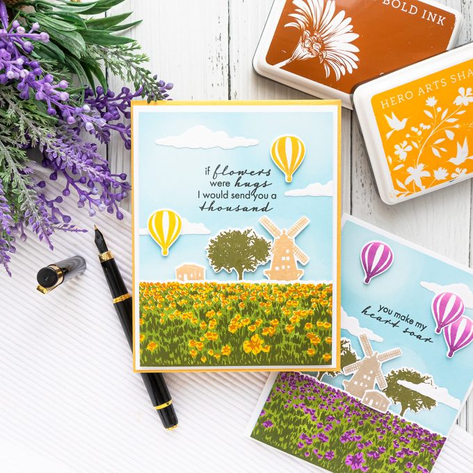 Hero Arts | Color Layering HeroScrapes Tulip Field Cards. Video tutorial by Yana Smakula #cardmaking #heroarts #heroscrapes #colorlayering