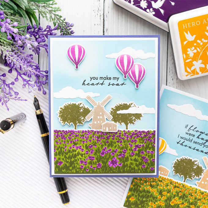 Hero Arts | Color Layering HeroScrapes Tulip Field Cards. Video tutorial by Yana Smakula #cardmaking #heroarts #heroscrapes #colorlayering