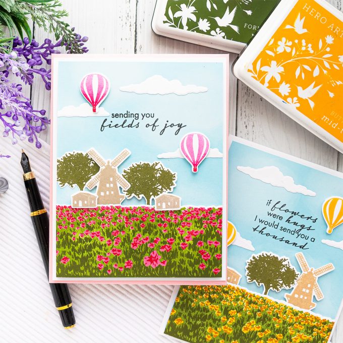 Hero Arts | Color Layering HeroScrapes Tulip Field Cards. Video tutorial by Yana Smakula #cardmaking #heroarts #heroscrapes #colorlayering