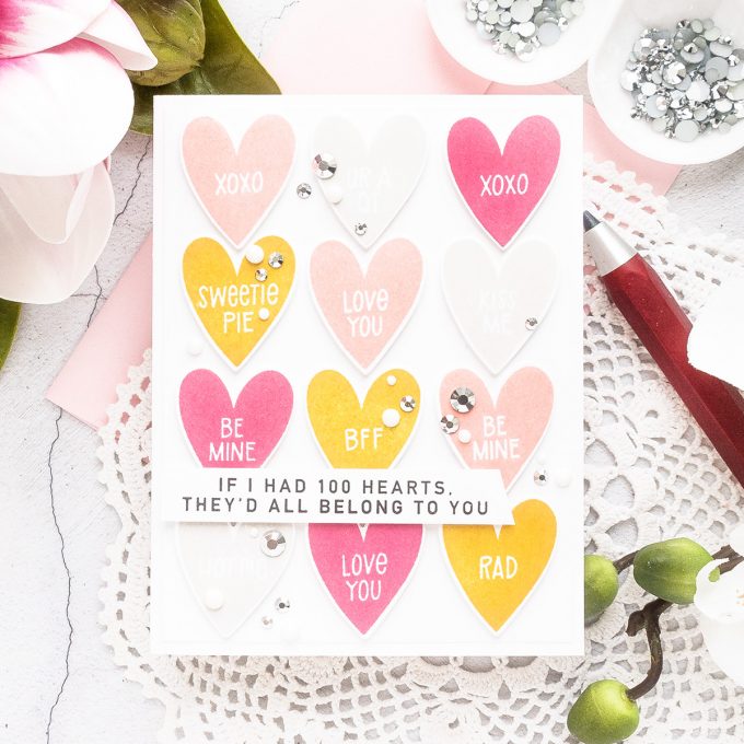 MFT Stamps | Conversation Hearts Valentine's Day Card. Video tutorial by Yana Smakula #mftstamps #cardmaking #valentinesdaycard