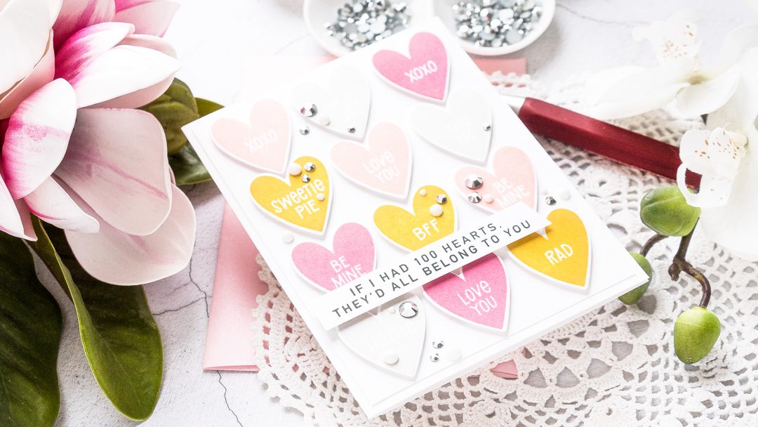 MFT Stamps | Conversation Hearts Valentine's Day Card. Video tutorial by Yana Smakula #mftstamps #cardmaking #valentinesdaycard