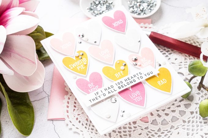MFT Stamps | Conversation Hearts Valentine's Day Card. Video tutorial by Yana Smakula #mftstamps #cardmaking #valentinesdaycard