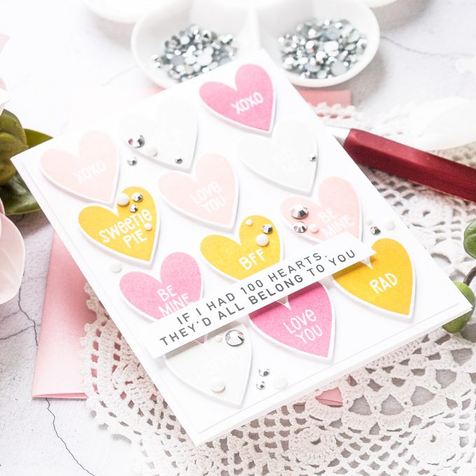 MFT Stamps | Conversation Hearts Valentine's Day Card. Video tutorial by Yana Smakula #mftstamps #cardmaking #valentinesdaycard