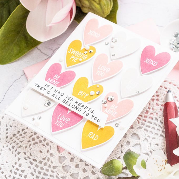 MFT Stamps | Conversation Hearts Valentine's Day Card. Video tutorial by Yana Smakula #mftstamps #cardmaking #valentinesdaycard